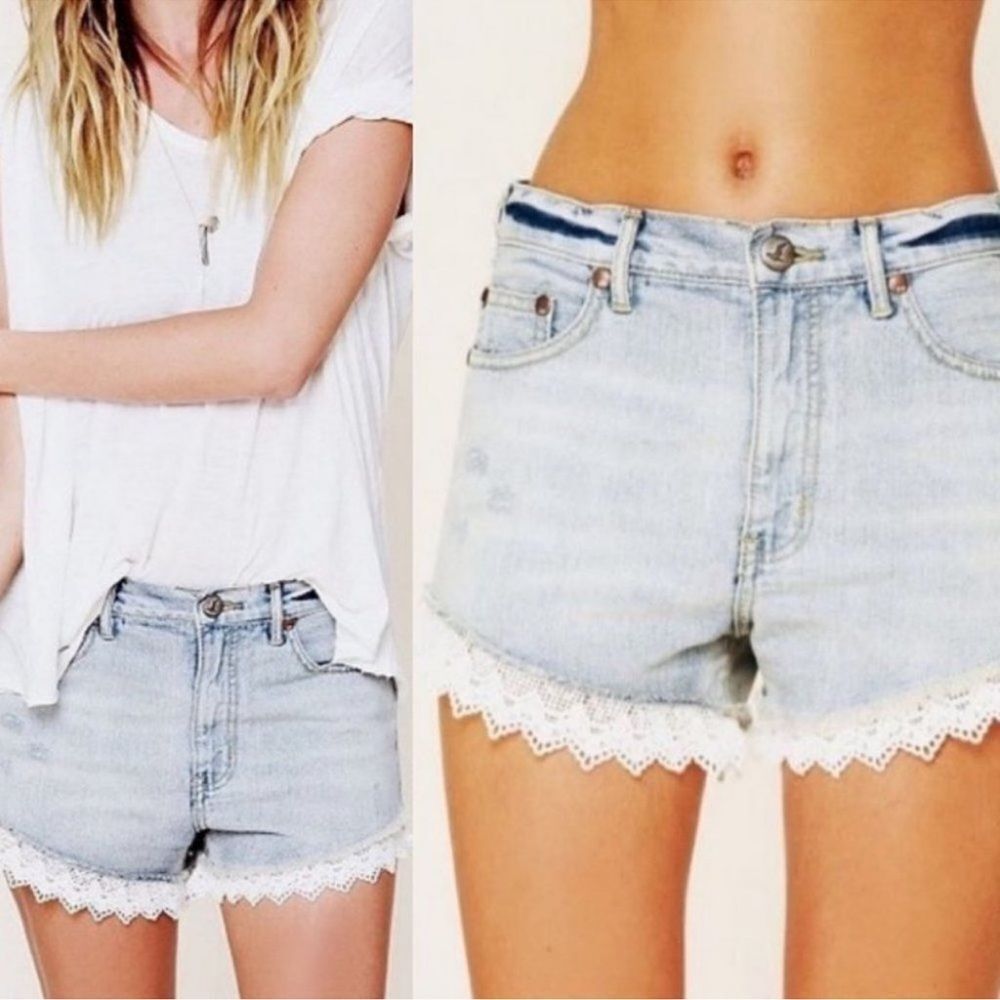 Free People Lace Trim Denim Jean Shorts